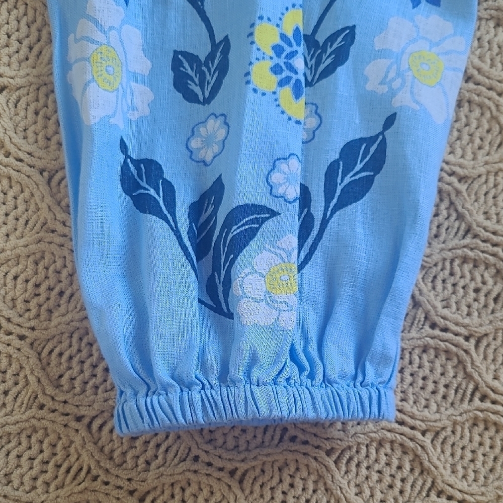 Charter Club Blue Linen Blouse with Floral Printed Sleeves - Size L - Picture 3 of 9